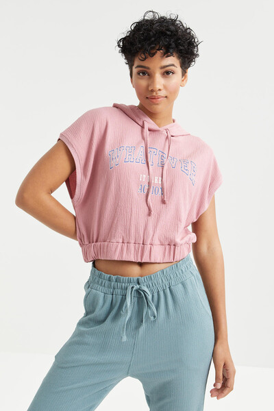 Tommylife Wholesale Dusty Rose Hooded With Text Printed Elastic Waist Crop Top Women's T-shirt - 97230 - Thumbnail