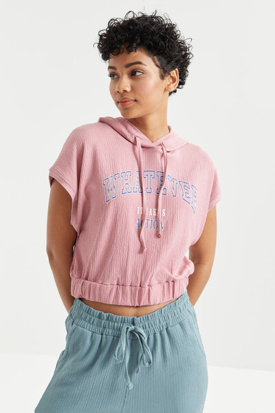 Tommylife Wholesale Dusty Rose Hooded With Text Printed Elastic Waist Crop Top Women's T-shirt - 97230 - Thumbnail