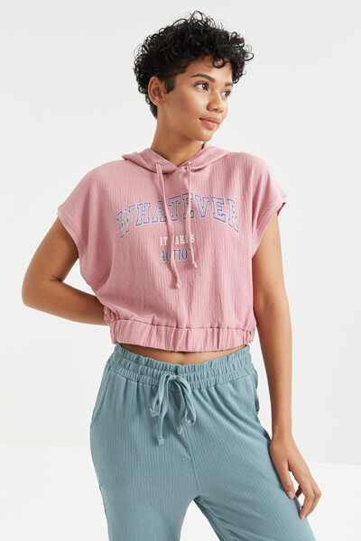 Tommylife Wholesale Dusty Rose Hooded With Text Printed Elastic Waist Crop Top Women's T-shirt - 97230 - Thumbnail