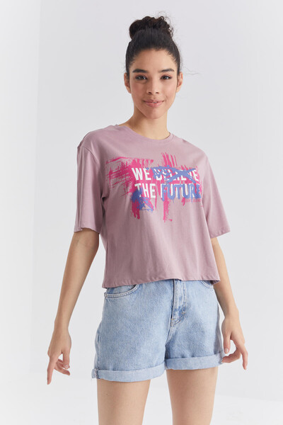 Tommylife Wholesale Dusty Rose With Colourful Text Printed Bike Collar Oversize Women's T-shirt - 97212 - Thumbnail