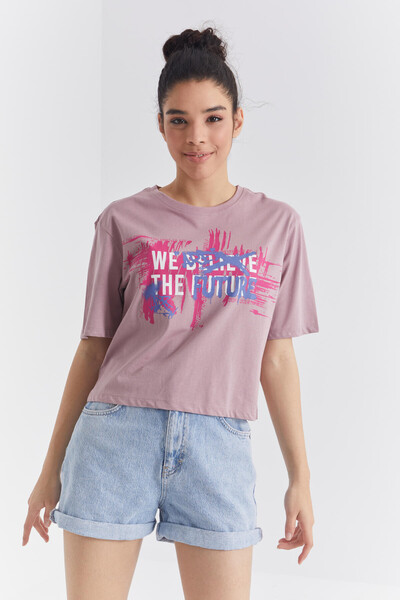 Tommylife Wholesale Dusty Rose With Colourful Text Printed Bike Collar Oversize Women's T-shirt - 97212 - Thumbnail