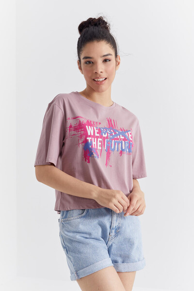 Tommylife Wholesale Dusty Rose With Colourful Text Printed Bike Collar Oversize Women's T-shirt - 97212 - Thumbnail