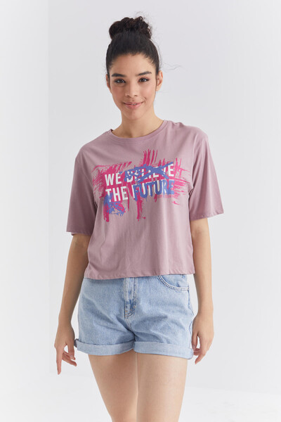 Tommylife Wholesale Dusty Rose With Colourful Text Printed Bike Collar Oversize Women's T-shirt - 97212 - Thumbnail