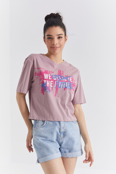 Tommylife Wholesale Dusty Rose With Colourful Text Printed Bike Collar Oversize Women's T-shirt - 97212 - Thumbnail