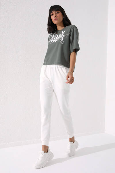 TOMMYLIFE - Tommylife Wholesale Ecru High Waist Jogger Comfy Cuffed Women's Sweatpant - 94561