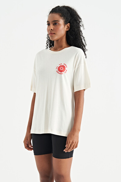 Tommylife Wholesale Ecru O-Neck Oversize Women's T-shirt - 02232 - Thumbnail