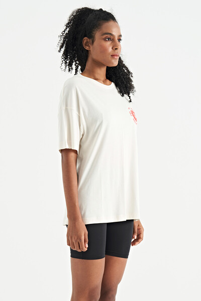 Tommylife Wholesale Ecru O-Neck Oversize Women's T-shirt - 02232 - Thumbnail