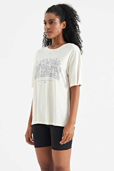 Tommylife Wholesale Ecru Oversize O-Neck Basic Women's T-Shirt - 02181 - Thumbnail