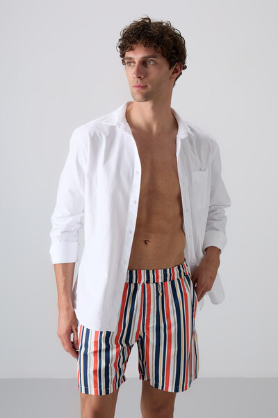 Tommylife Wholesale Elastic Waist Standard Fit Men's Swim Shorts 81267 Striped - Thumbnail