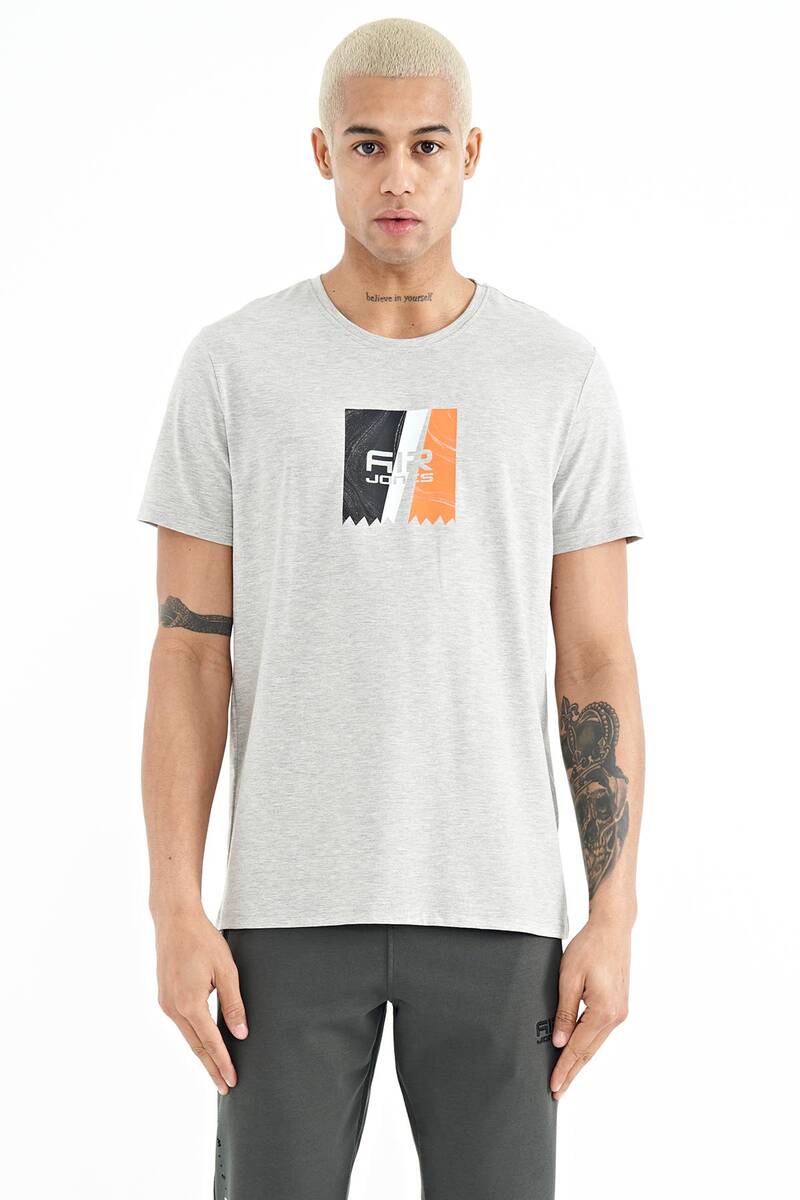 TOMMYLIFE - Tommylife Wholesale Frank Crew Neck Standard Fit Printed Men's T-Shirt 88219 Gray Melange