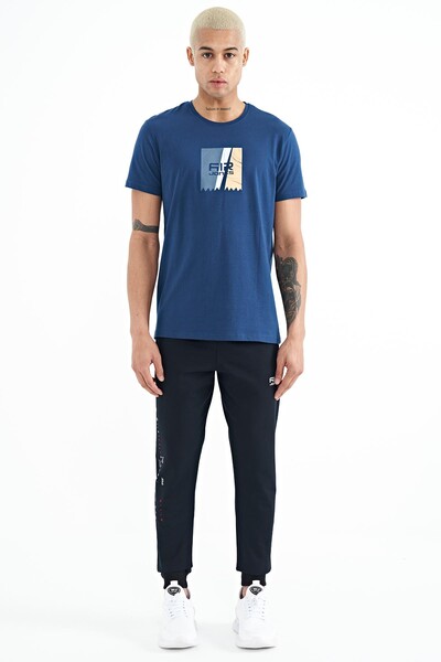 Tommylife Wholesale Frank Crew Neck Standard Fit Printed Men's T-Shirt 88219 Indigo - Thumbnail