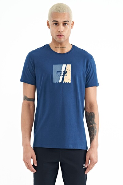 Tommylife Wholesale Frank Crew Neck Standard Fit Printed Men's T-Shirt 88219 Indigo - Thumbnail