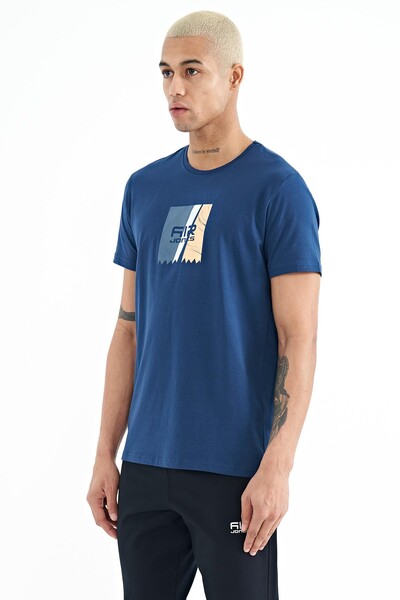 Tommylife Wholesale Frank Crew Neck Standard Fit Printed Men's T-Shirt 88219 Indigo - Thumbnail