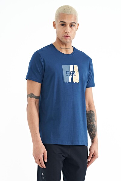 Tommylife Wholesale Frank Crew Neck Standard Fit Printed Men's T-Shirt 88219 Indigo - Thumbnail