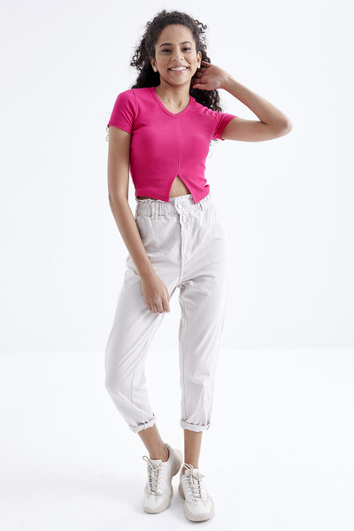 Tommylife Wholesale Fuchsia Basic Slit V Collar Women's Crop Top T-Shirt - 97206 - Thumbnail