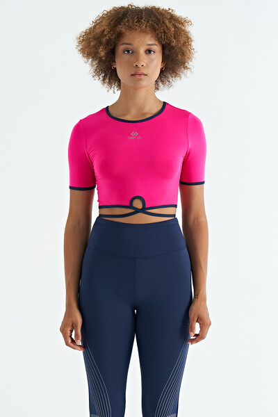 Tommylife Wholesale Fuchsia Crew Neck Standard Fit Women's Crop T-Shirt - 97266 - Thumbnail