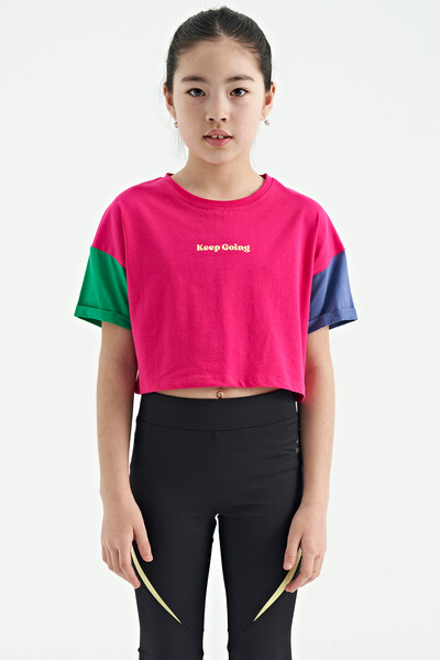 Tommylife Wholesale Fuchsia Printed Round Neck Oversize Girls T-Shirt - 75130 - Thumbnail