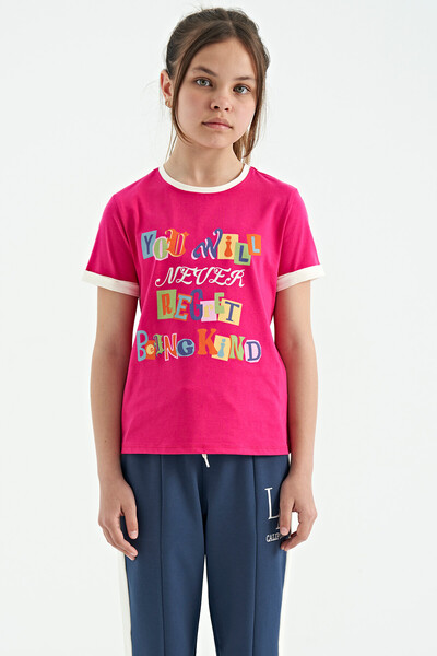 Tommylife Wholesale Fuchsia Round Neck Comfy Girls T-Shirt - 75109 - Thumbnail