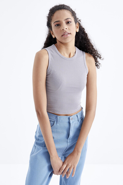 Tommylife Wholesale Gray Basic Crew Neck Women's Crop Top Tank - 97204 - Thumbnail