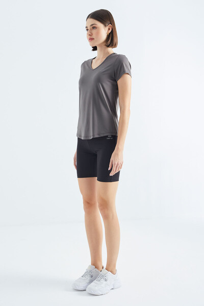 Tommylife Wholesale Gray Basic Short Sleeve Standard Mold V Collar Women's T-shirt - 97145 - Thumbnail