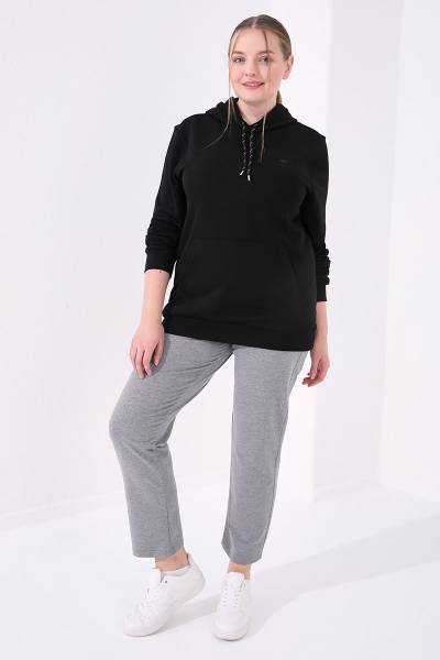 TOMMYLIFE - Tommylife Wholesale Gray Marl Classic Hem Stone Detailed Women's Big Size Sweatpant - 94040