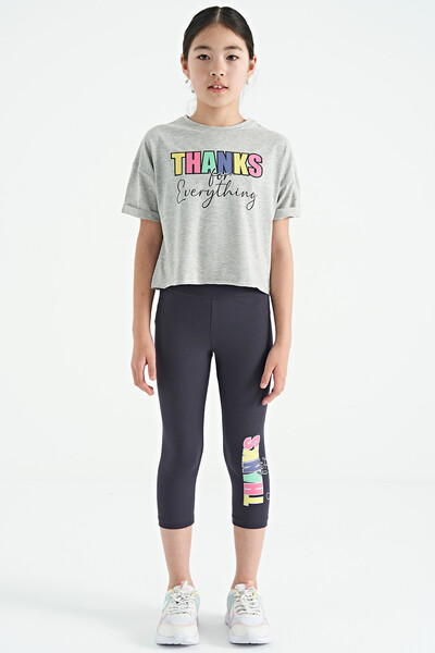 Tommylife Wholesale Gray Melange - Anthracite Printed Oversize Girls Crop Legging Set - 75133 - Thumbnail