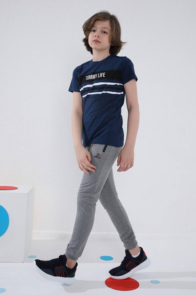TOMMYLIFE - Tommylife Wholesale Boy's Jogger with Zippered Pockets Standard Fit Cuffed Sweatpants 64042 Gray Melange