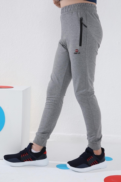 Tommylife Wholesale Boy's Jogger with Zippered Pockets Standard Fit Cuffed Sweatpants 64042 Gray Melange - Thumbnail