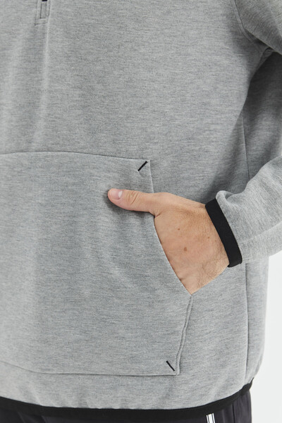 Tommylife Wholesale Gray Melange Hooded Half Zip Relaxed Fit Men's Sweatshirt - 88281 - Thumbnail