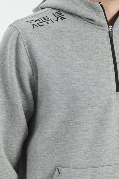 Tommylife Wholesale Gray Melange Hooded Half Zip Relaxed Fit Men's Sweatshirt - 88281 - Thumbnail
