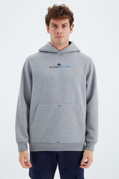 Tommylife Wholesale Gray Melange Hooded Kangaroo Relaxed Fit Men's Sweatshirt - 88280 - Thumbnail