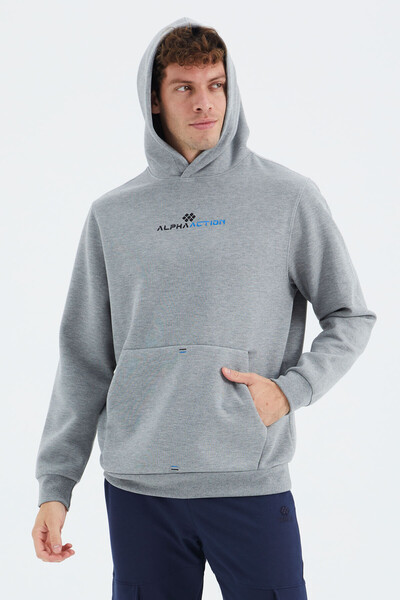 Tommylife Wholesale Gray Melange Hooded Kangaroo Relaxed Fit Men's Sweatshirt - 88280 - Thumbnail