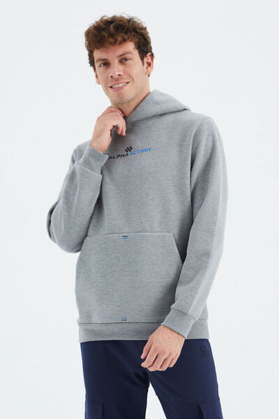 Tommylife Wholesale Gray Melange Hooded Kangaroo Relaxed Fit Men's Sweatshirt - 88280 - Thumbnail