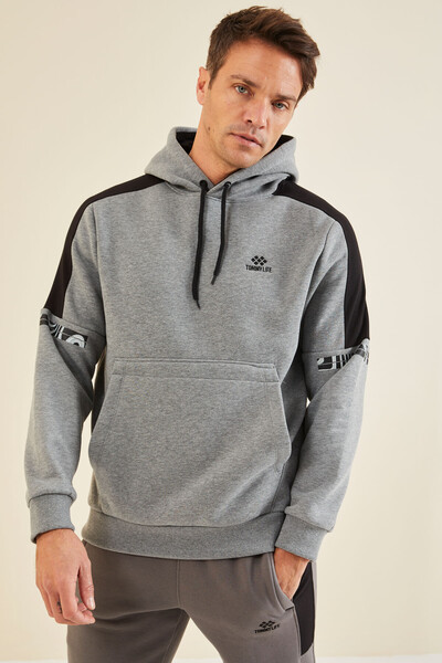 Tommylife Wholesale Gray Melange Hooded Men's Sweatshirt - 88315 - Thumbnail