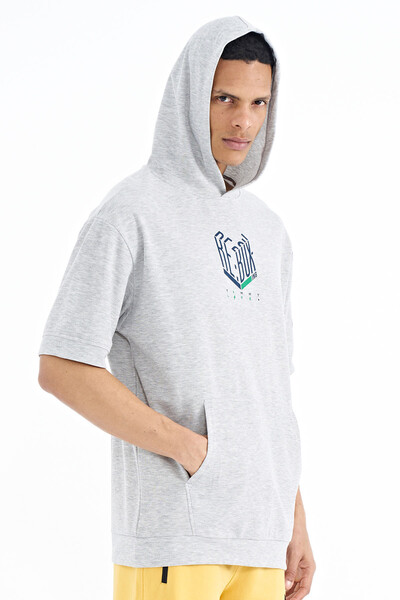 Tommylife Wholesale Gray Melange Hooded Oversize Men's T-shirt - 88194 - Thumbnail