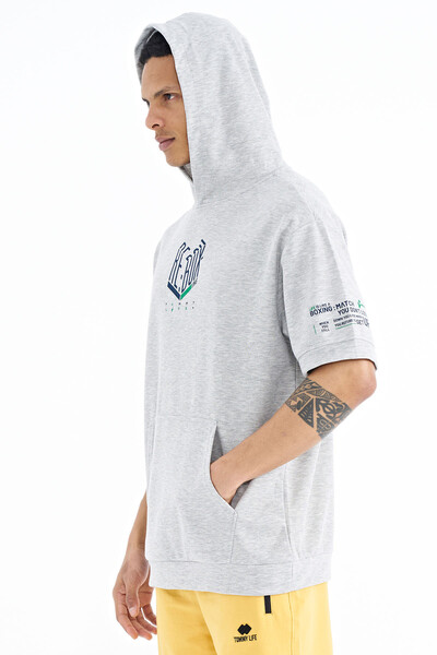 Tommylife Wholesale Gray Melange Hooded Oversize Men's T-shirt - 88194 - Thumbnail