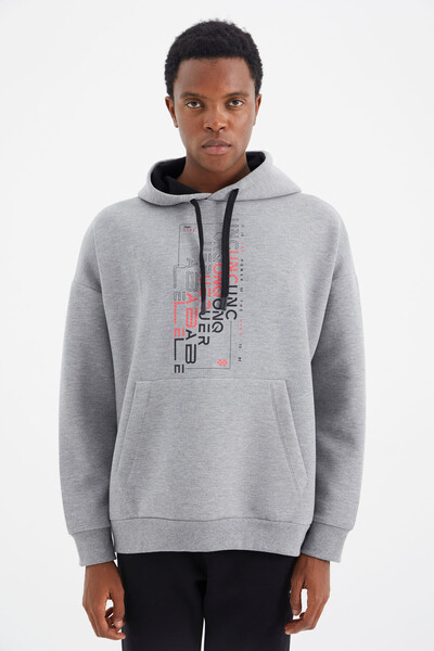 Tommylife Wholesale Gray Melange Hooded Relaxed Fit Men's Sweatshirt - 88285 - Thumbnail