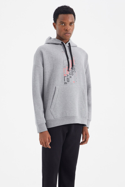 Tommylife Wholesale Gray Melange Hooded Relaxed Fit Men's Sweatshirt - 88285 - Thumbnail