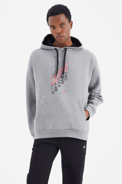 Tommylife Wholesale Gray Melange Hooded Relaxed Fit Men's Sweatshirt - 88285 - Thumbnail