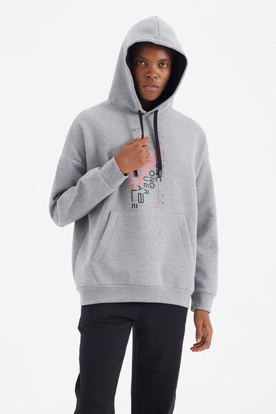 Tommylife Wholesale Gray Melange Hooded Relaxed Fit Men's Sweatshirt - 88285 - Thumbnail