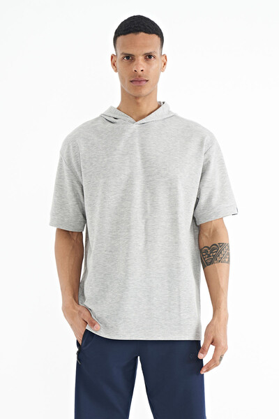 Tommylife Wholesale Gray Melange Hoodie Oversize Men's T-shirt - 88179 - Thumbnail