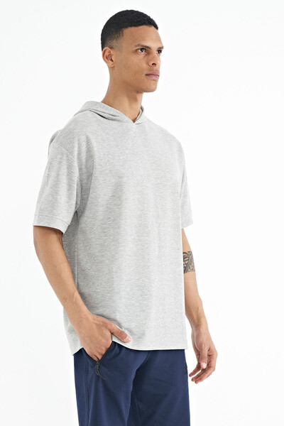 Tommylife Wholesale Gray Melange Hoodie Oversize Men's T-shirt - 88179 - Thumbnail