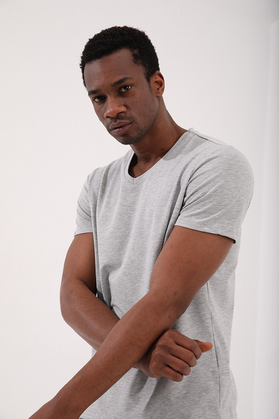 Tommylife Wholesale V Neck Standard Fit Basic Men's T-Shirt 87912 Gray Melange - Thumbnail
