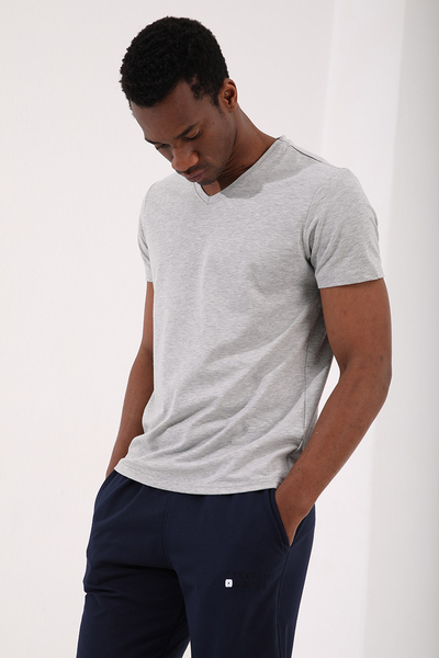 Tommylife Wholesale V Neck Standard Fit Basic Men's T-Shirt 87912 Gray Melange - Thumbnail