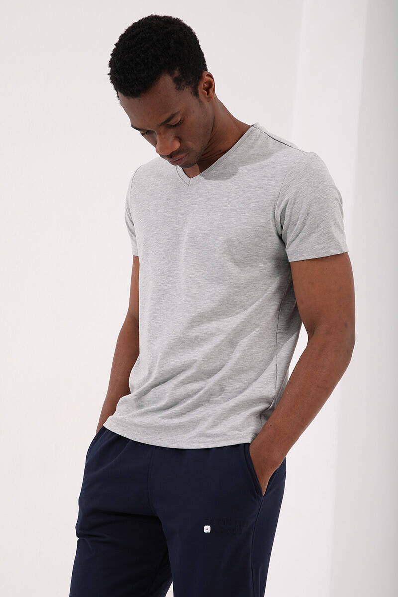 TOMMYLIFE - Tommylife Wholesale V Neck Standard Fit Basic Men's T-Shirt 87912 Gray Melange