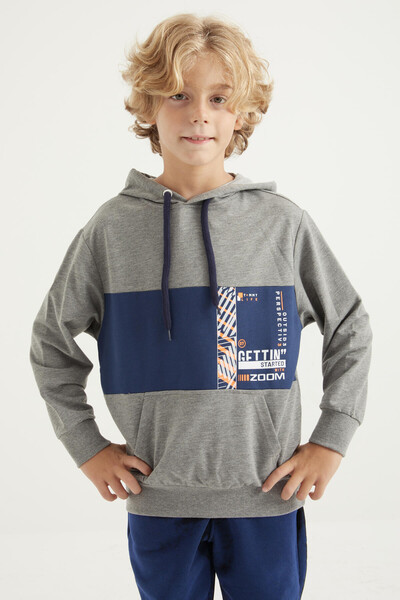 Tommylife Wholesale Gray Melange Kangaroo Pocket Hoodie Standard Fit Boys' Sweatshirt - 11010 - Thumbnail