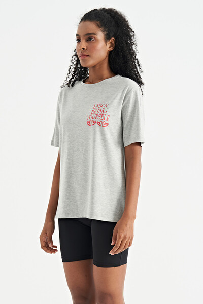 Tommylife Wholesale Gray Melange O-Neck Short Sleeve Oversize Women's T-shirt - 02267 - Thumbnail