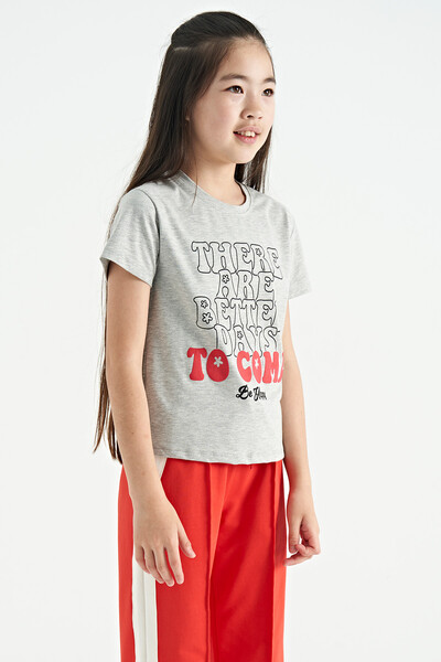 Tommylife Wholesale Gray Melange Round Neck Comfy Sleevelu Cropped Girls T-Shirt - 75118 - Thumbnail