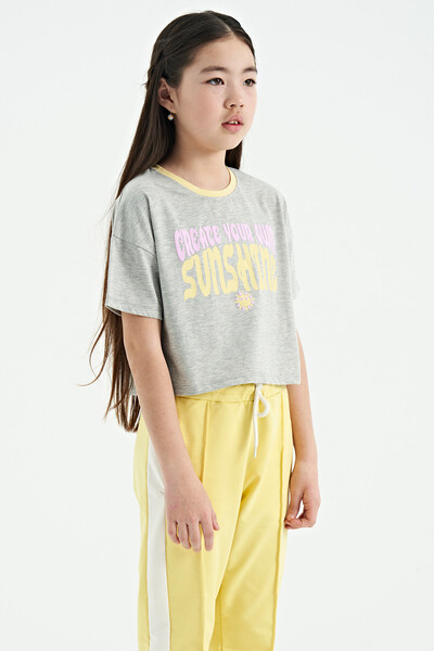 Tommylife Wholesale Gray Melange Round Neck Oversize Short Sleevelu Girls T-Shirt - 75111 - Thumbnail