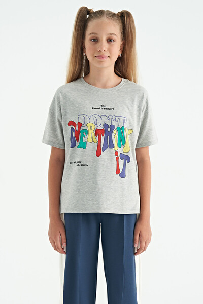 Tommylife Wholesale Gray Melange Round Neck Oversize Short Sleevelu Girls T-Shirt - 75112 - Thumbnail